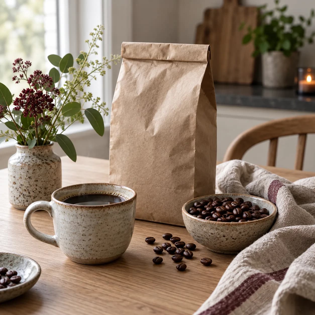 Pose med kaffe, kaffekopp og kaffebønner på et bord